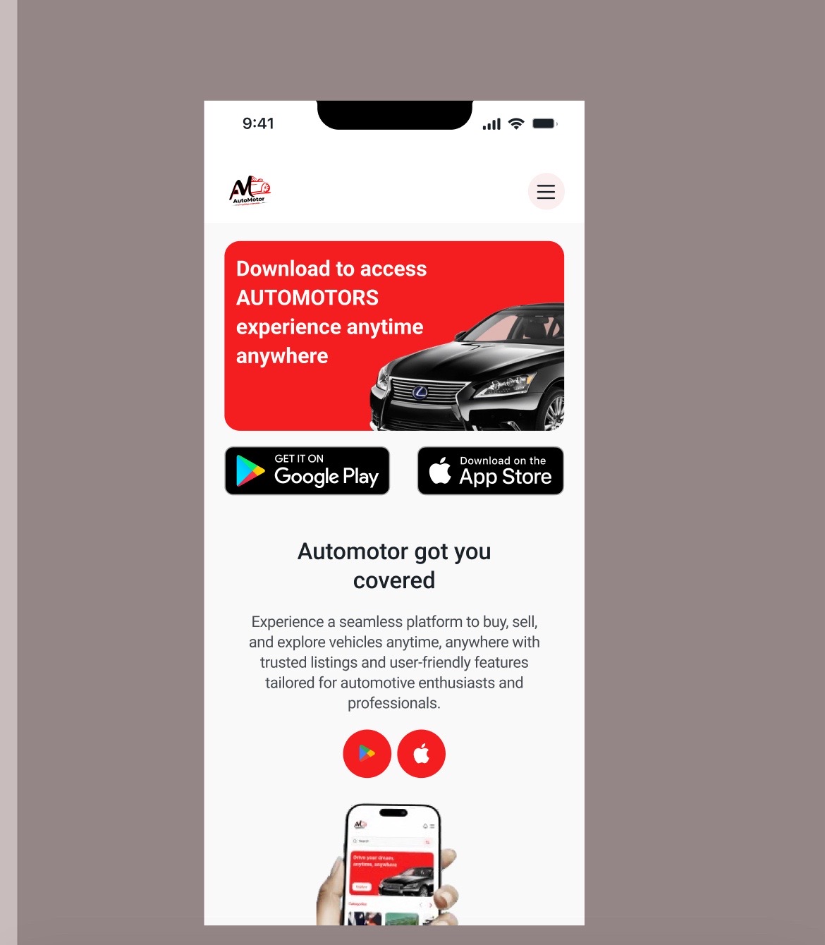 AutoMotor app screen showing the home feed